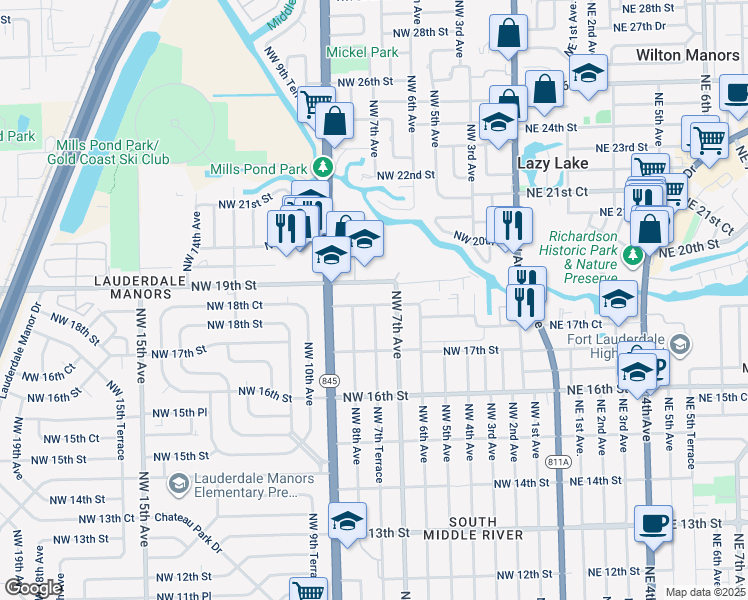 map of restaurants, bars, coffee shops, grocery stores, and more near 721 Northwest 18th Street in Fort Lauderdale