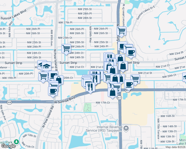 map of restaurants, bars, coffee shops, grocery stores, and more near 8480 Northwest 21st Street in Sunrise