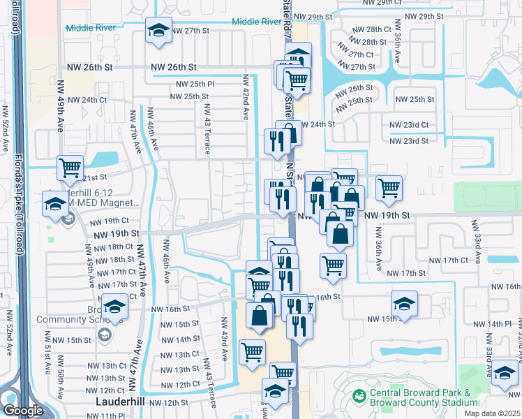 map of restaurants, bars, coffee shops, grocery stores, and more near 4133 Northwest 19th Street in Lauderhill