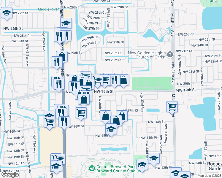 map of restaurants, bars, coffee shops, grocery stores, and more near 3579 Northwest 19th Street in Lauderdale Lakes
