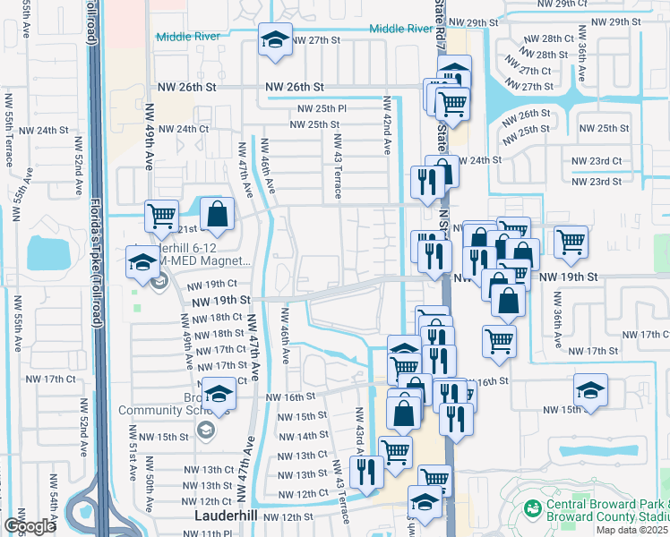 map of restaurants, bars, coffee shops, grocery stores, and more near 1981 Northwest 43 Terrace in Lauderhill