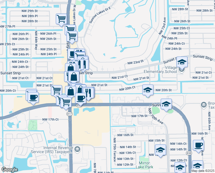 map of restaurants, bars, coffee shops, grocery stores, and more near 8030 Northwest 21st Street in Sunrise