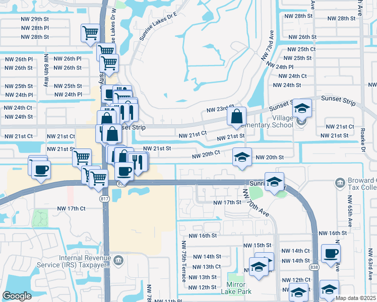 map of restaurants, bars, coffee shops, grocery stores, and more near 7860 Northwest 21st Street in Sunrise
