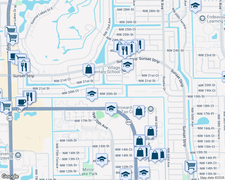 map of restaurants, bars, coffee shops, grocery stores, and more near 7130 Northwest 20th Court in Sunrise
