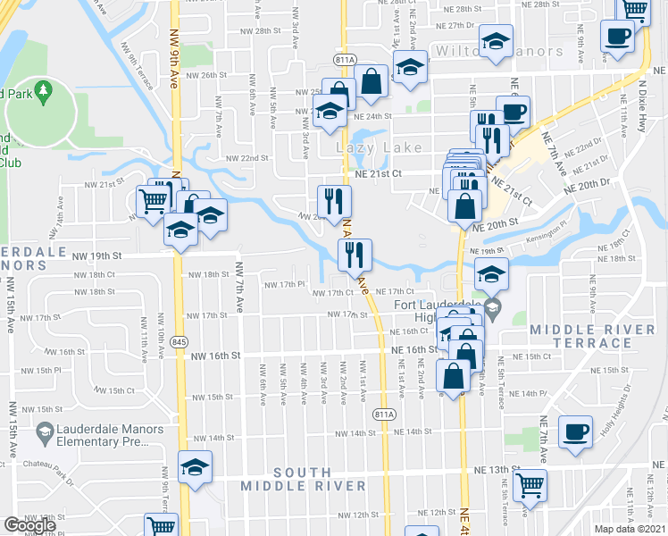 map of restaurants, bars, coffee shops, grocery stores, and more near 3550 North Andrews Avenue Extension in Fort Lauderdale