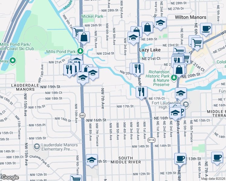 map of restaurants, bars, coffee shops, grocery stores, and more near 515 Northwest 18th Street in Fort Lauderdale