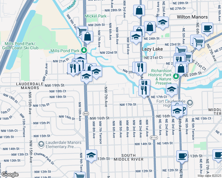 map of restaurants, bars, coffee shops, grocery stores, and more near 615 Northwest 18th Street in Fort Lauderdale
