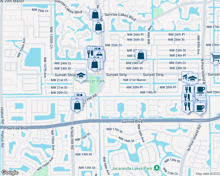 map of restaurants, bars, coffee shops, grocery stores, and more near 2080 Northwest 99th Way in Sunrise