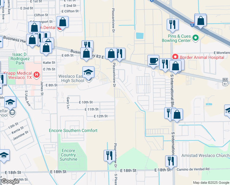 map of restaurants, bars, coffee shops, grocery stores, and more near 808-898 South Pleasantview Drive in Weslaco