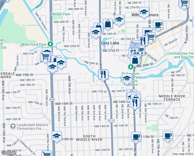 map of restaurants, bars, coffee shops, grocery stores, and more near 3550 North Andrews Avenue Extension in Fort Lauderdale