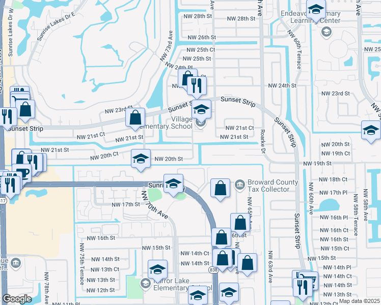 map of restaurants, bars, coffee shops, grocery stores, and more near 7000 Northwest 20th Court in Sunrise
