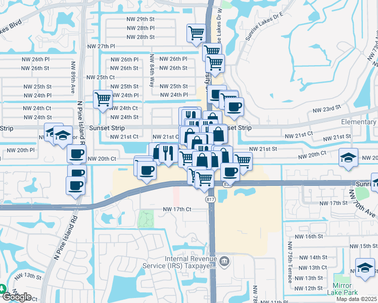 map of restaurants, bars, coffee shops, grocery stores, and more near 2079 North University Drive in Sunrise