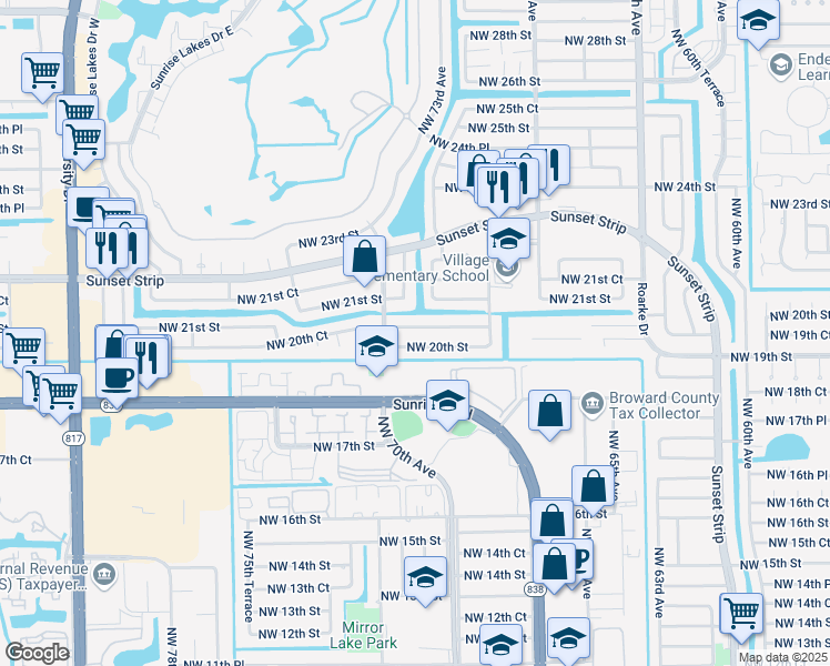 map of restaurants, bars, coffee shops, grocery stores, and more near 7310 Northwest 20th Court in Sunrise