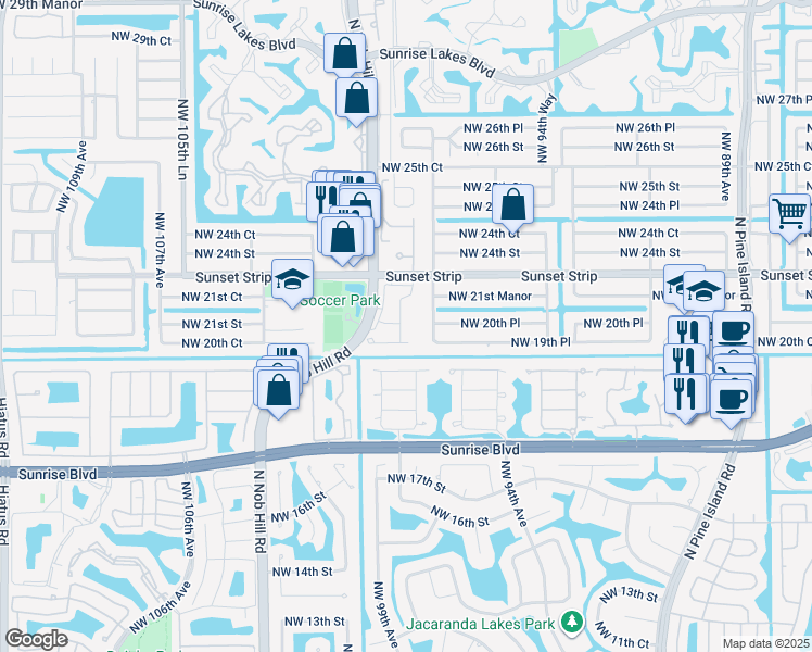 map of restaurants, bars, coffee shops, grocery stores, and more near 2080 Northwest 99th Way in Sunrise