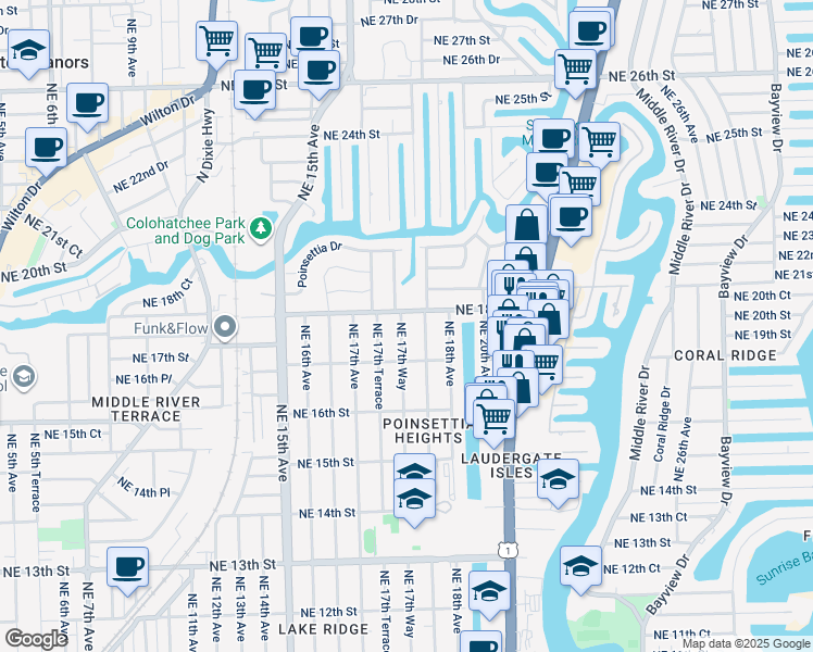 map of restaurants, bars, coffee shops, grocery stores, and more near 1728 Northeast 17th Way in Fort Lauderdale
