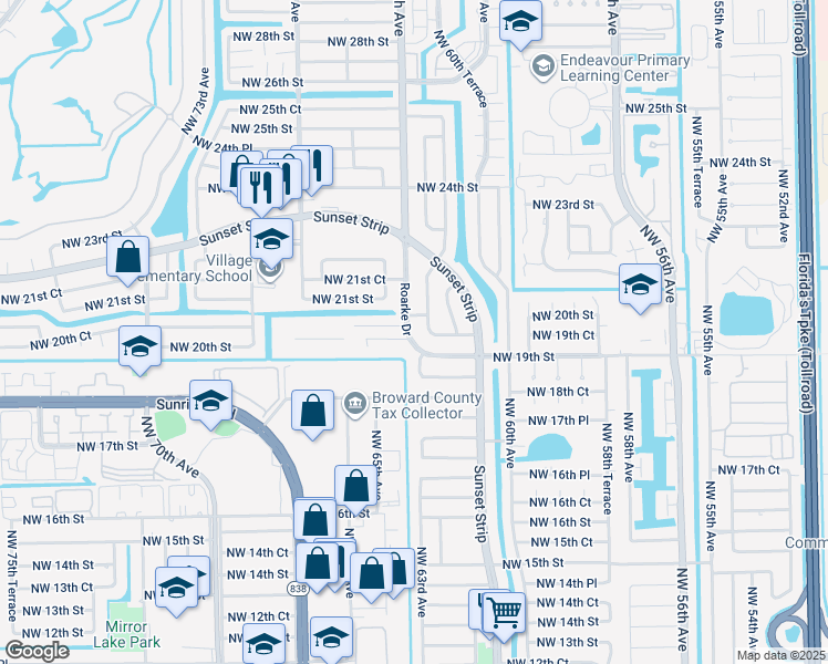 map of restaurants, bars, coffee shops, grocery stores, and more near 2010 Roarke Drive in Sunrise