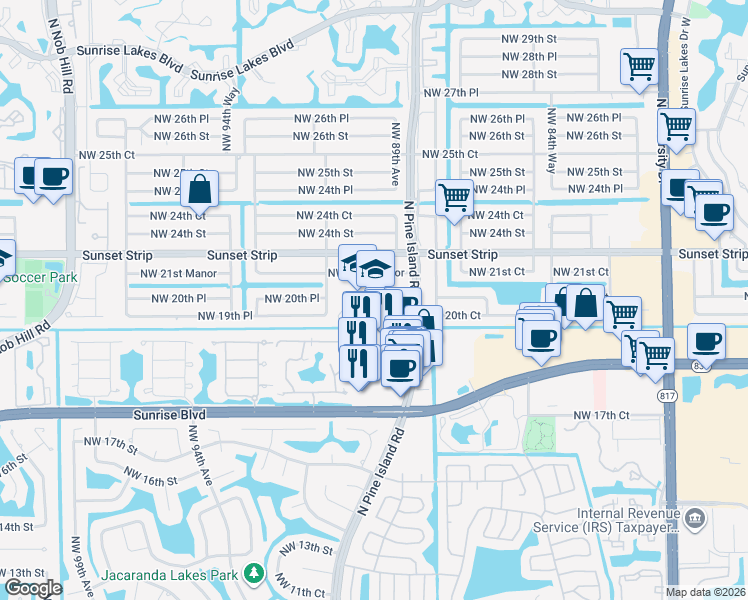 map of restaurants, bars, coffee shops, grocery stores, and more near 9100 Northwest 21st Manor in Sunrise