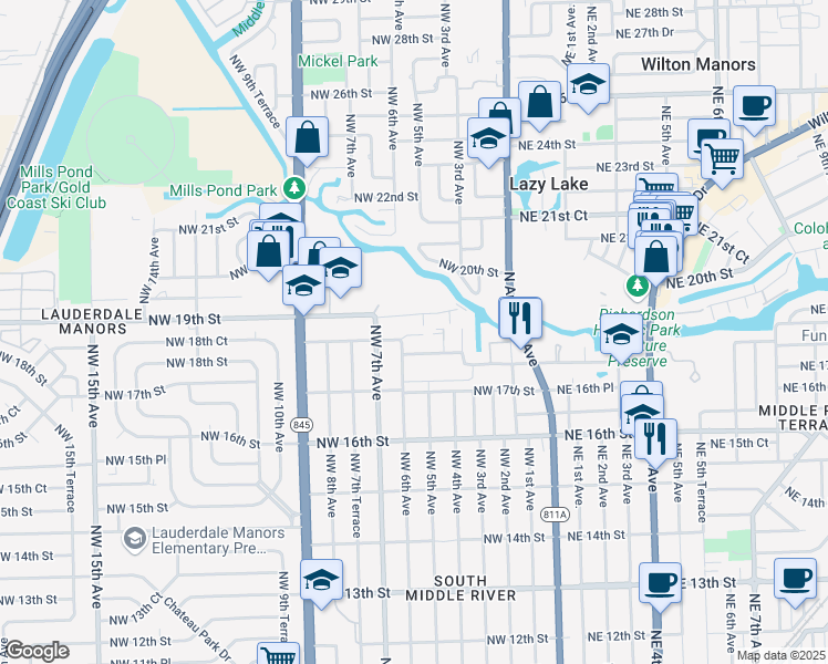 map of restaurants, bars, coffee shops, grocery stores, and more near 515 Northwest 18th Street in Fort Lauderdale
