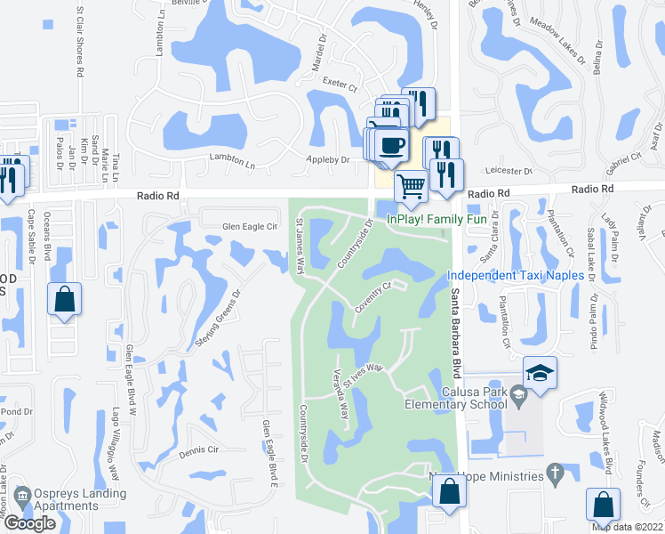 map of restaurants, bars, coffee shops, grocery stores, and more near 257 Countryside Drive in Naples