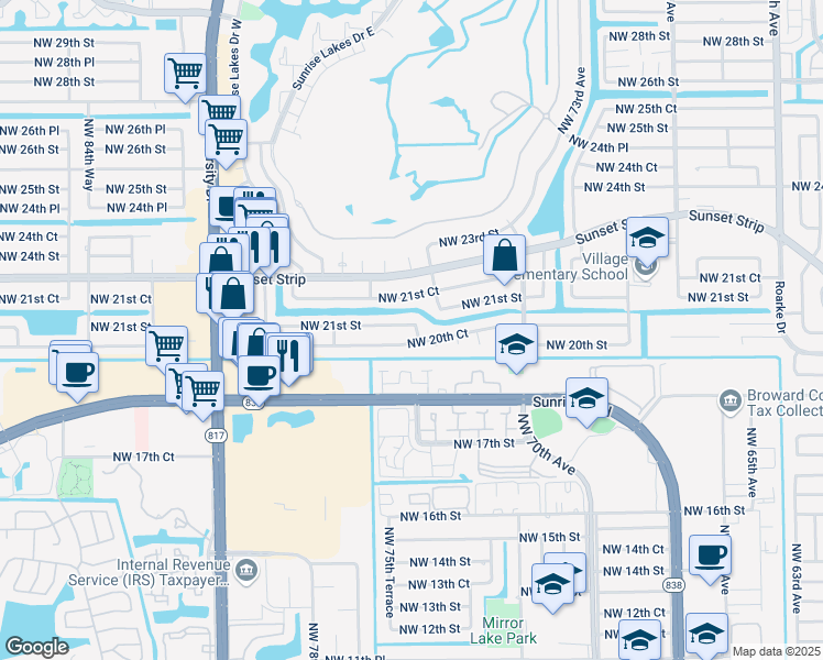 map of restaurants, bars, coffee shops, grocery stores, and more near 7860 Northwest 21st Street in Sunrise