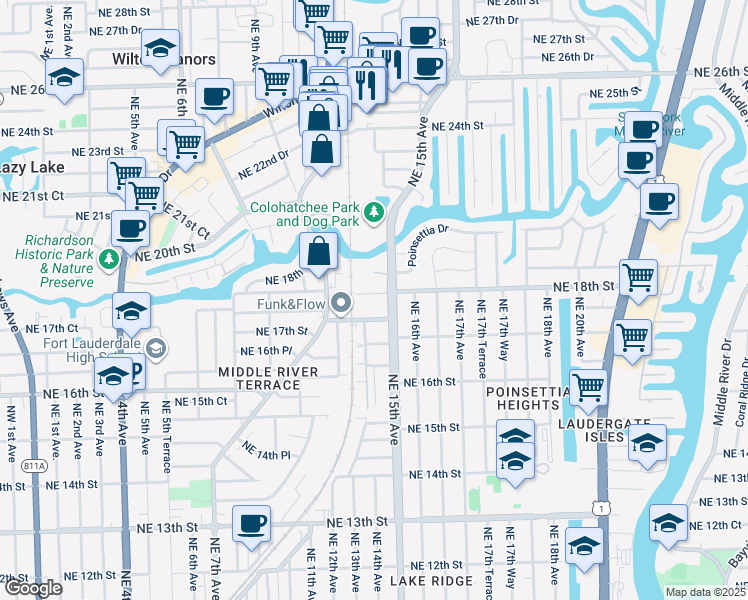 map of restaurants, bars, coffee shops, grocery stores, and more near 1420 Northeast 18th Street in Fort Lauderdale