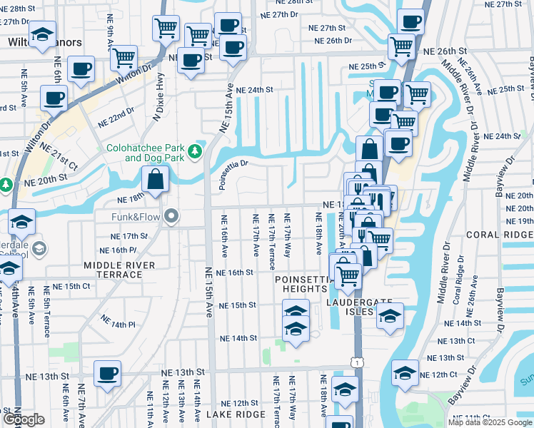 map of restaurants, bars, coffee shops, grocery stores, and more near 1737 Northeast 17th Terrace in Fort Lauderdale