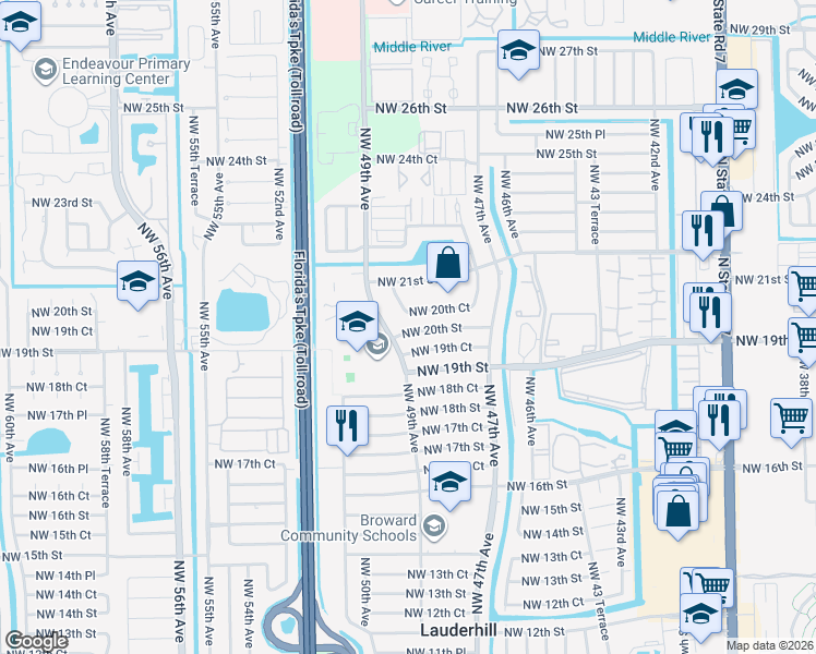 map of restaurants, bars, coffee shops, grocery stores, and more near 4841 Northwest 20th Street in Lauderhill