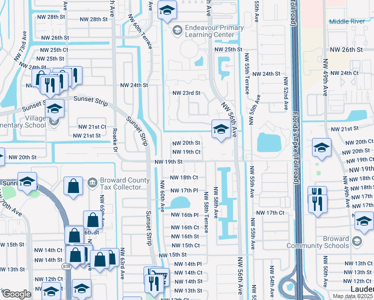 map of restaurants, bars, coffee shops, grocery stores, and more near 5915 Northwest 19th Court in Lauderhill