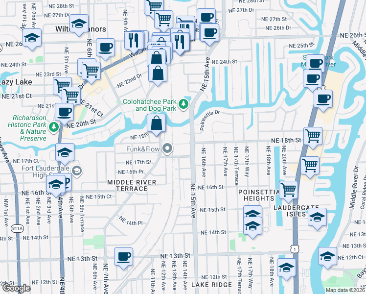 map of restaurants, bars, coffee shops, grocery stores, and more near 1420 Northeast 18th Street in Fort Lauderdale