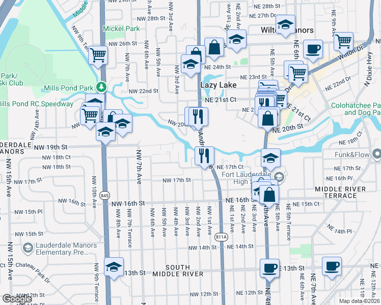 map of restaurants, bars, coffee shops, grocery stores, and more near 3550 North Andrews Avenue Extension in Fort Lauderdale