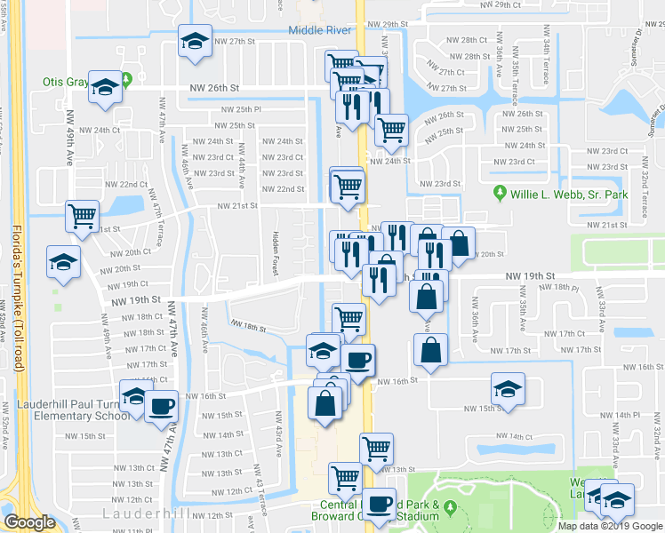 map of restaurants, bars, coffee shops, grocery stores, and more near 4133 Northwest 19th Street in Lauderhill