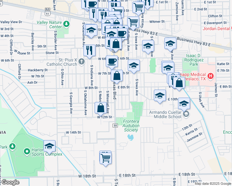 map of restaurants, bars, coffee shops, grocery stores, and more near 875 South Texas Boulevard in Weslaco