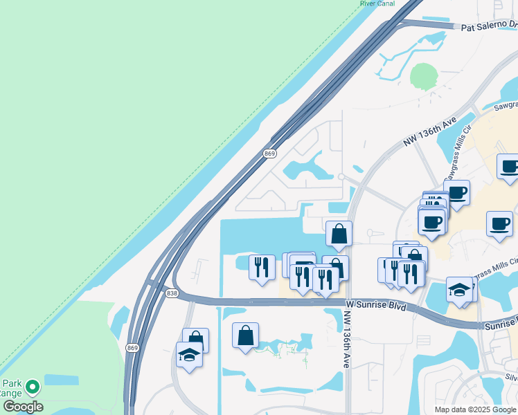 map of restaurants, bars, coffee shops, grocery stores, and more near 13825 Northwest 22nd Street in Sunrise