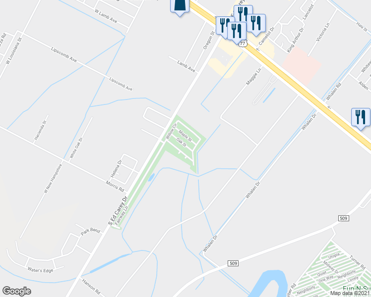 map of restaurants, bars, coffee shops, grocery stores, and more near 1318 Oak Street in Harlingen