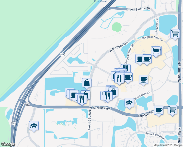 map of restaurants, bars, coffee shops, grocery stores, and more near in Sunrise