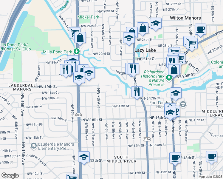 map of restaurants, bars, coffee shops, grocery stores, and more near 515 Northwest 18th Street in Fort Lauderdale