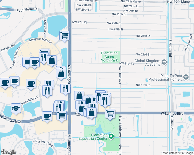 map of restaurants, bars, coffee shops, grocery stores, and more near in Sunrise