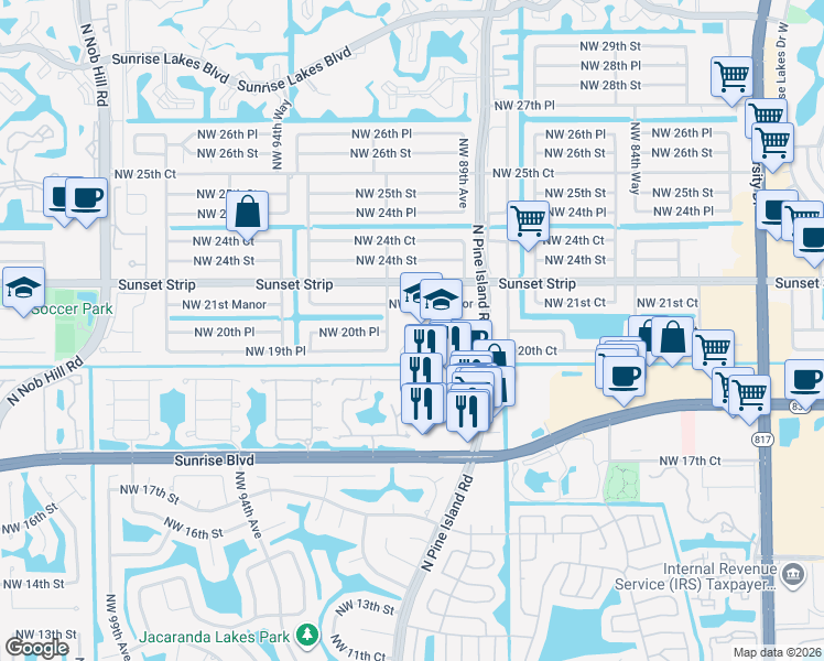 map of restaurants, bars, coffee shops, grocery stores, and more near 9100 Northwest 21st Manor in Sunrise