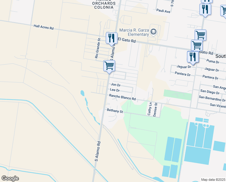 map of restaurants, bars, coffee shops, grocery stores, and more near 1020 Rancho Blanco Road in Alamo