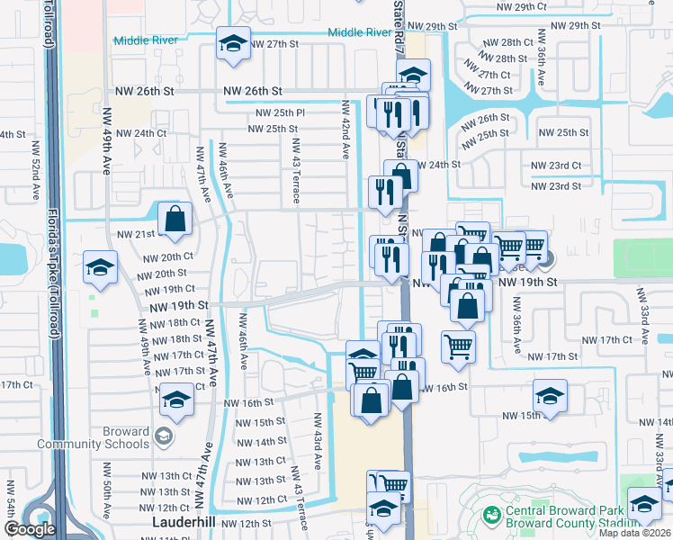 map of restaurants, bars, coffee shops, grocery stores, and more near 4221 Northwest 19th Street in Lauderhill
