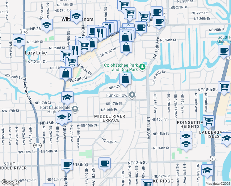 map of restaurants, bars, coffee shops, grocery stores, and more near 1015 Northeast 17th Court in Fort Lauderdale