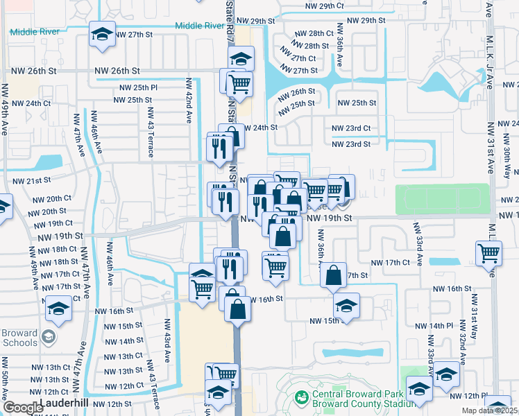 map of restaurants, bars, coffee shops, grocery stores, and more near 3999 Northwest 19th Street in Lauderdale Lakes