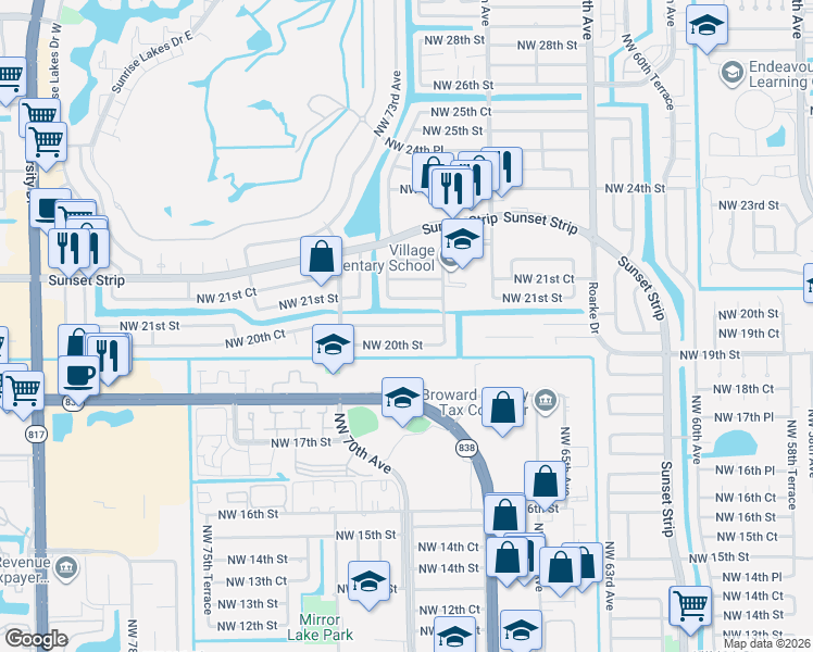 map of restaurants, bars, coffee shops, grocery stores, and more near 7130 Northwest 20th Court in Sunrise