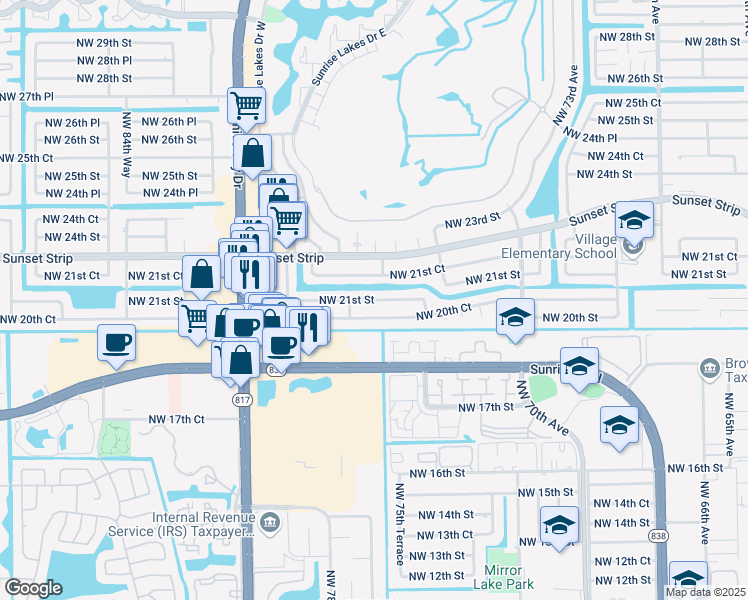 map of restaurants, bars, coffee shops, grocery stores, and more near 8030 Northwest 21st Street in Sunrise
