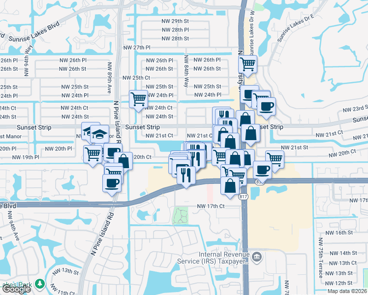 map of restaurants, bars, coffee shops, grocery stores, and more near 8480 Northwest 21st Street in Sunrise