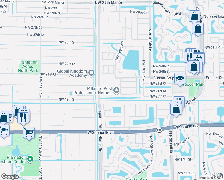 map of restaurants, bars, coffee shops, grocery stores, and more near 2060 Northwest 109th Avenue in Sunrise