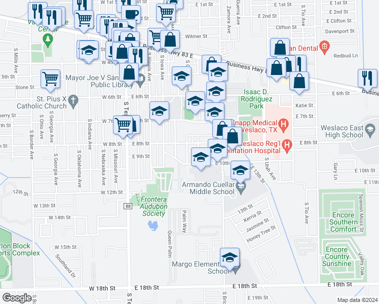 map of restaurants, bars, coffee shops, grocery stores, and more near 808 South Florida Avenue in Weslaco