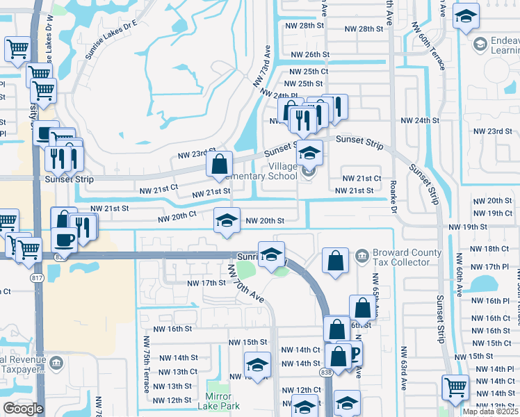 map of restaurants, bars, coffee shops, grocery stores, and more near 7310 Northwest 20th Court in Sunrise