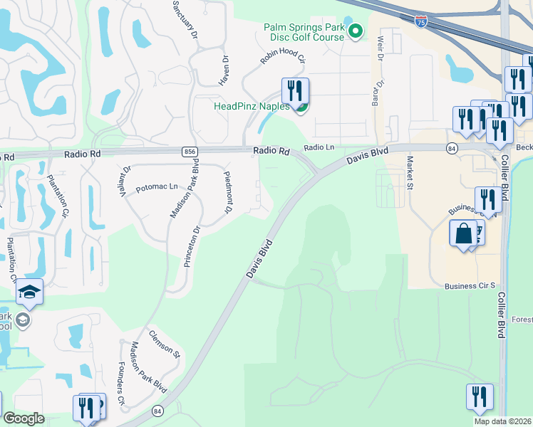 map of restaurants, bars, coffee shops, grocery stores, and more near 8676 Davis Boulevard in Naples