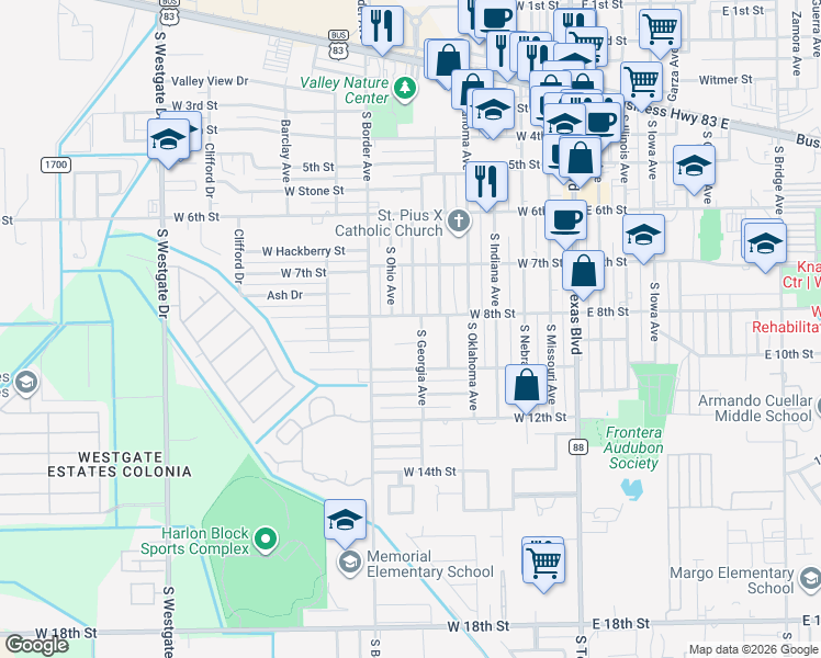 map of restaurants, bars, coffee shops, grocery stores, and more near 800 South Georgia Avenue in Weslaco